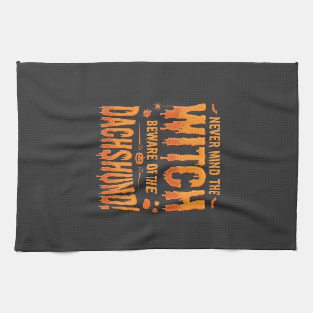 Linge De Cuisine Dachshund Halloween Sorcière Avertissement Typogra (Horizontal)
