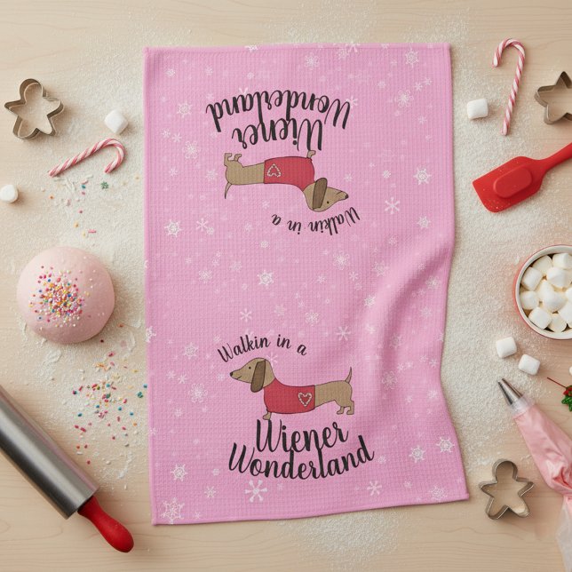 Linge De Cuisine Dachshund Marcher dans une Wonderland Wiener Doxie (Walking in a wiener wonderland dachshund kitchen dish towel for Christmas decor)