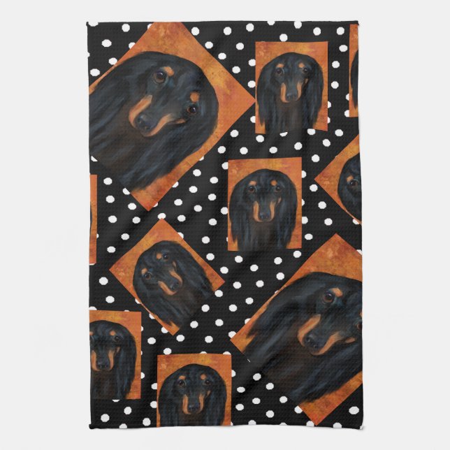Linge De Cuisine Dachshund noir à longs poils     (Vertical)