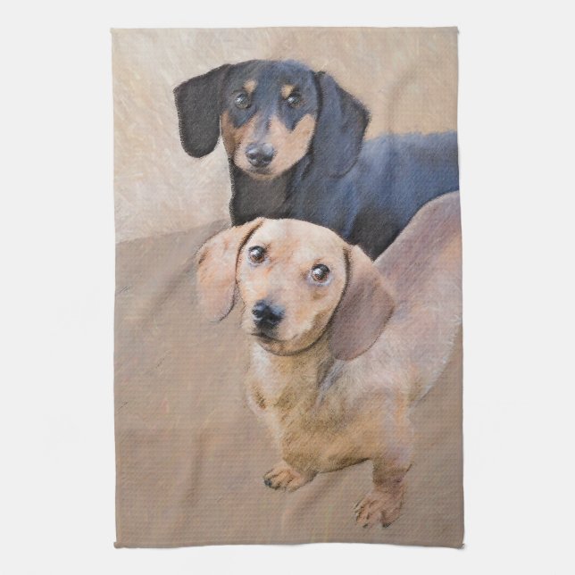 Linge De Cuisine Dachshund (Smooth) Peinture - Art Chien original (Vertical)