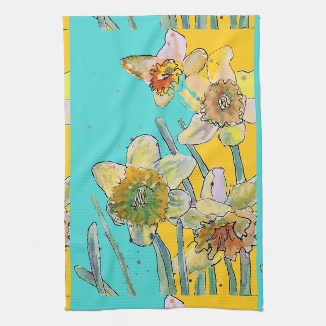 Linge De Cuisine Daffodique Aquarelle Fleur Turquoise floral  (Vertical)