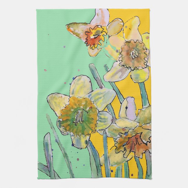 Linge De Cuisine Daffodique Fleur Floral Ressort Aquarelle Mint (Vertical)
