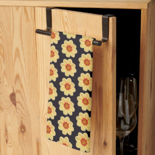 Linge De Cuisine Dahlia jaune motif floral sur noir