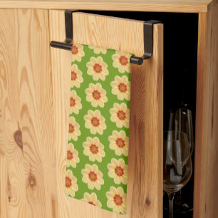 Linge De Cuisine Dahlia jaune motif floral sur vert