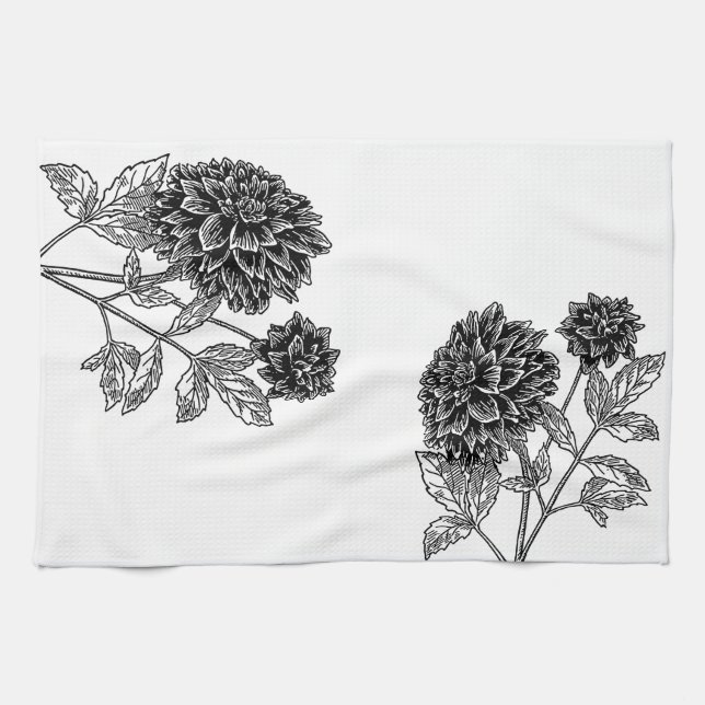 Linge De Cuisine Dahlia noir et blanc (Horizontal)