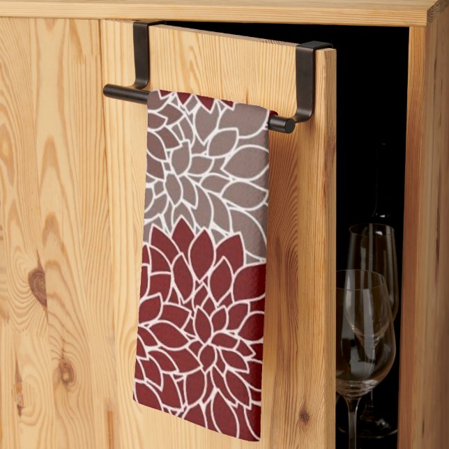 Linge De Cuisine Dahlias rouges et argentés (Pliage en tiers)