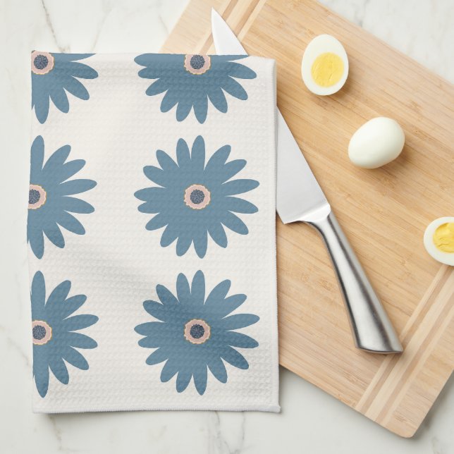 Linge De Cuisine Daisy Bleue Et Crème (Quart Plié)