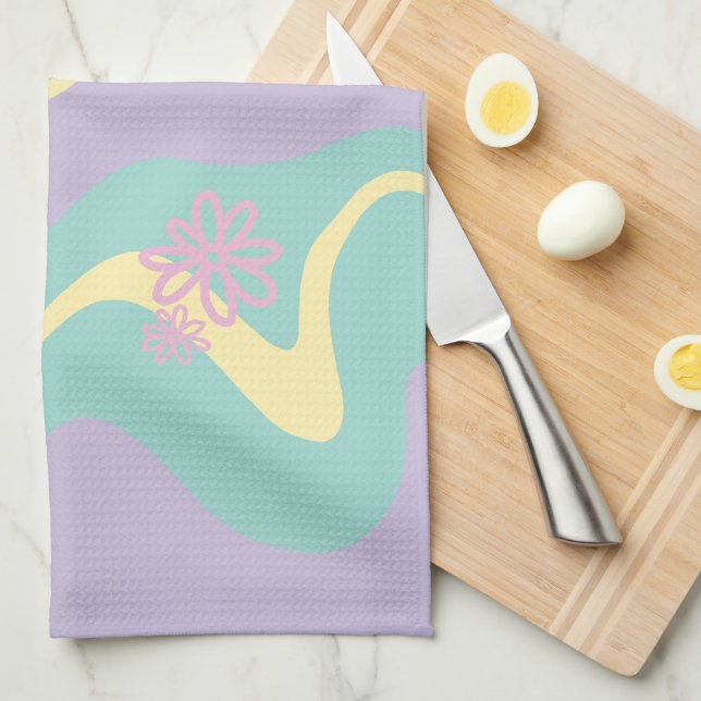 Linge De Cuisine Daisy Groove Pastel Rose, Jaune, Violet & Vert (Quart Plié)