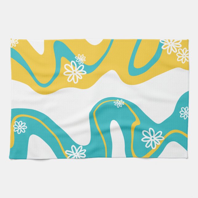 Linge De Cuisine Daisy Groove - Turquoise et jaune (Horizontal)