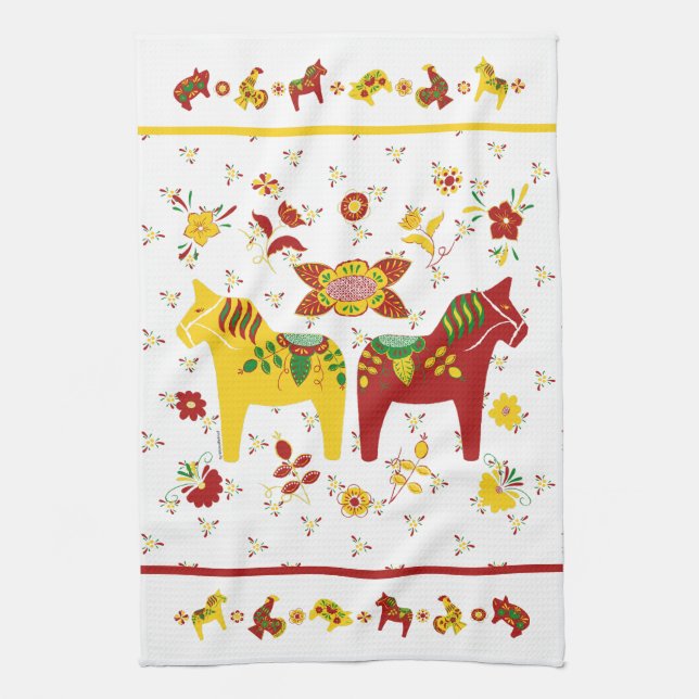 Linge De Cuisine Dala folklorique suédoise Cheval l Rouge et Jaune (Vertical)