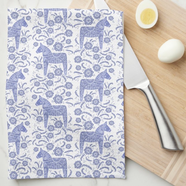Linge De Cuisine Dala Suédoise Cheval Folk Art Blue Cuisine Serviet (Swedish Dala horse blue and white folk art kitchen towel)