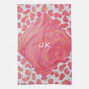 Linge De Cuisine Dalmatie rose et blanc avec monogramme