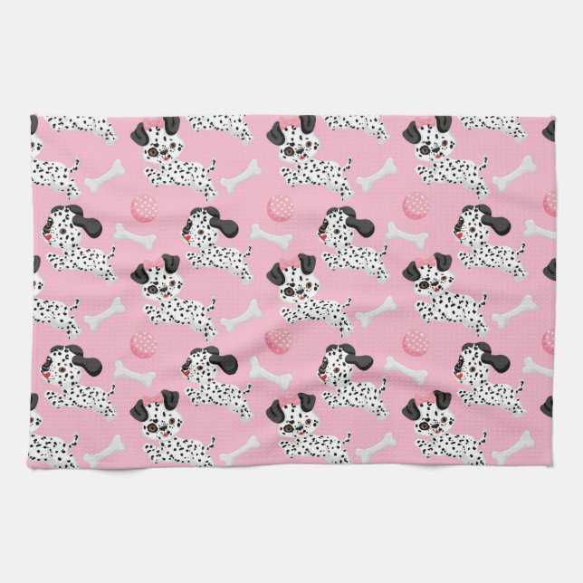 Linge De Cuisine Dalmatiens Chiots Noirs Points Roses Toy Ball Blan (Horizontal)