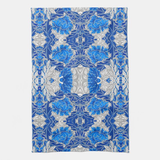 Linge De Cuisine Damas florales, Sapphire bleu et gris (Vertical)