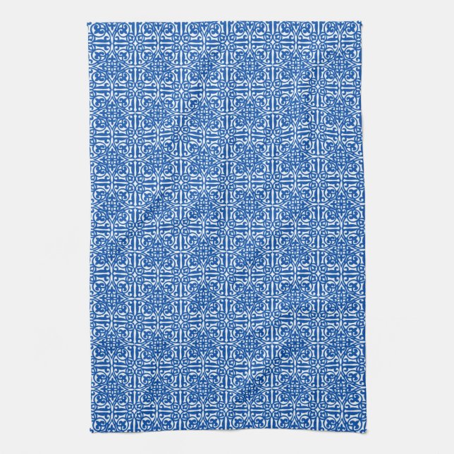 Linge De Cuisine Damas médiéval Fleur de lis, bleu cobalt (Vertical)