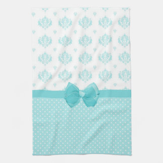 Linge De Cuisine Damassé bleue d'Aqua avec le ruban de turquoise