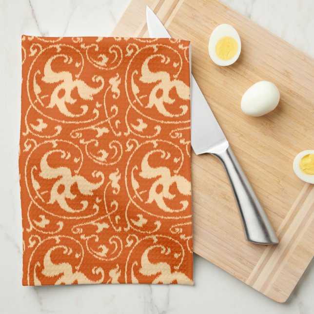 Linge De Cuisine Damassé florale d'Ikat - mandarine (Quart Plié)