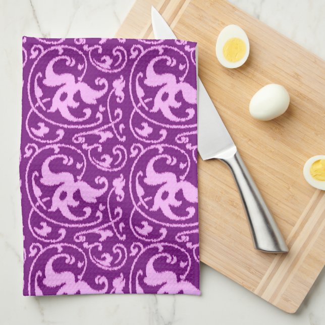 Linge De Cuisine Damassé florale d'Ikat - orchidée et pourpre (Quart Plié)