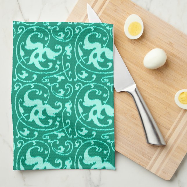 Linge De Cuisine Damassé florale d'Ikat - turquoise et Aqua (Quart Plié)