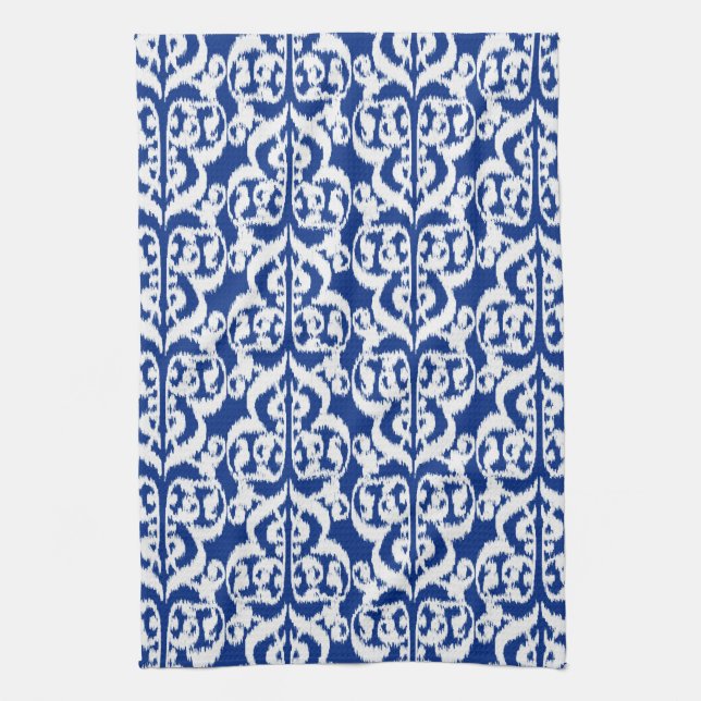 Linge De Cuisine Damassé maure d'Ikat - bleu et blanc de cobalt (Vertical)