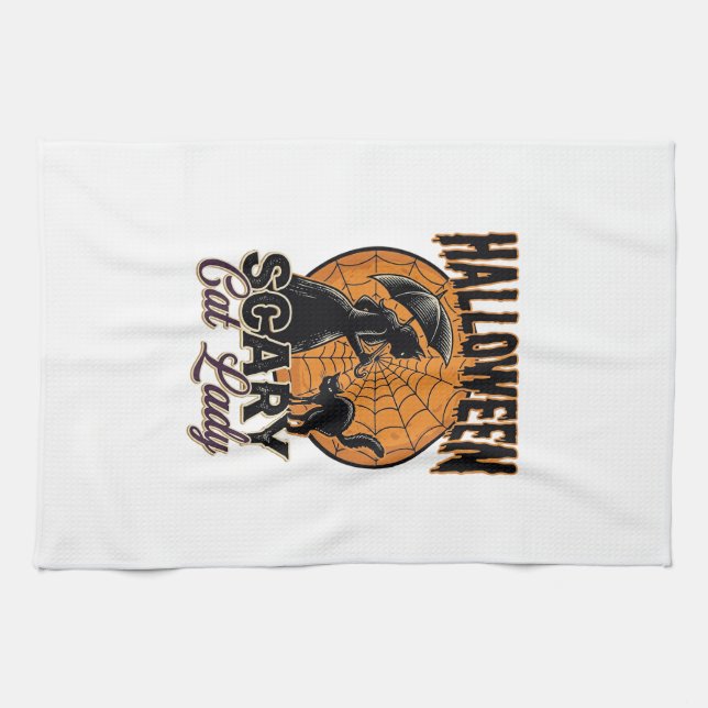 Linge De Cuisine Dame de chat effrayante Halloween Sorcière Web Vin (Horizontal)