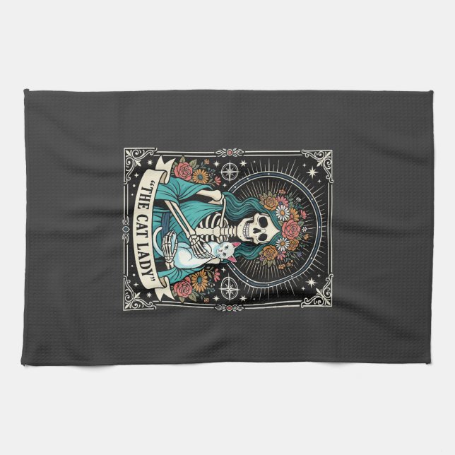 Linge De Cuisine Dame de Chat Squelette Tarot Floral Gothique (Horizontal)