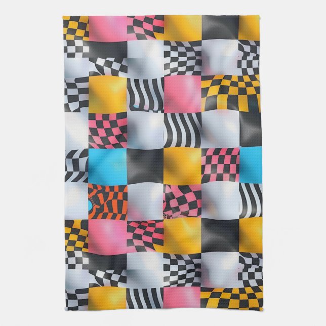 Linge De Cuisine Damier 3D vibrant – Pop rétro ludique (Vertical)