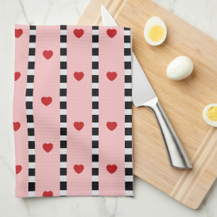 Linge De Cuisine Damier à rayures cœurs roses et rouges