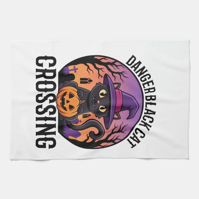 Linge De Cuisine Danger Halloween Chat Noir Traversée (Horizontal)