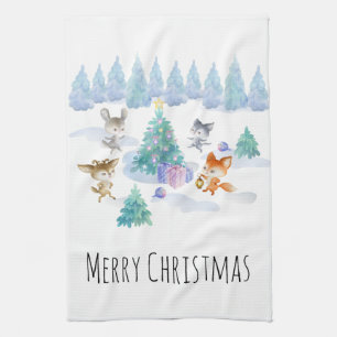 Linge De Cuisine Danse Animaux de forêt Noël Aquarelle
