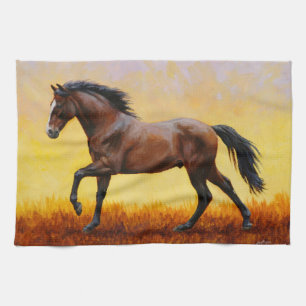 Linge De Cuisine Dark Bay Stallion Horse Galloping