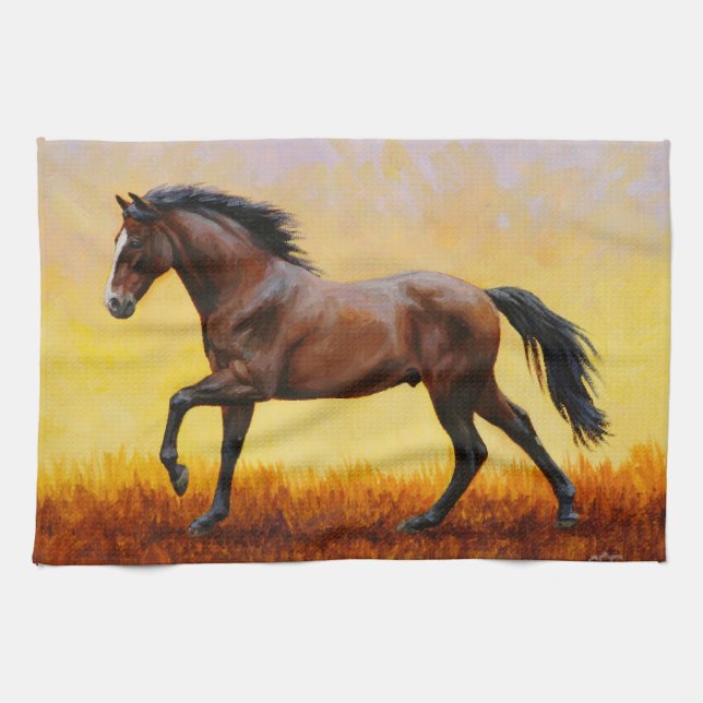 Linge De Cuisine Dark Bay Stallion Horse Galloping (Horizontal)