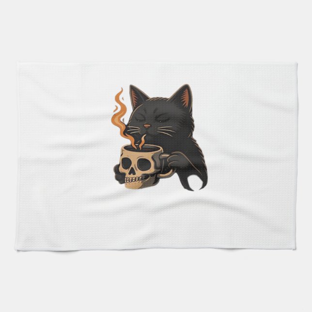 Linge De Cuisine Dark Cat Coffee With Skull Mug Oversized T-Shirt (Horizontal)