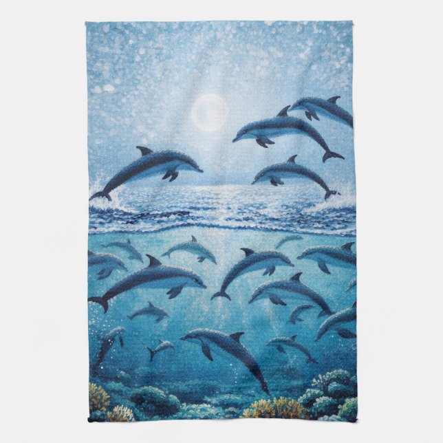 Linge De Cuisine Dauphins pleine lune  (Vertical)