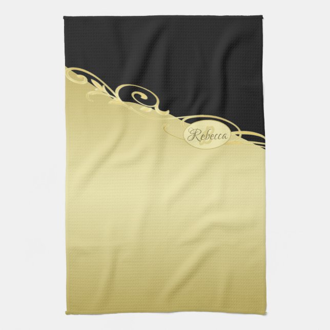 Linge De Cuisine Décor de luxe sur or & noir, Monogramme (Vertical)
