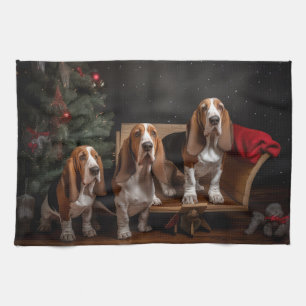 Linge De Cuisine Décor de Noël Basset Hound Snowy Sleigh