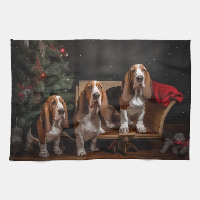 Linge De Cuisine Décor de Noël Basset Hound Snowy Sleigh (Horizontal)