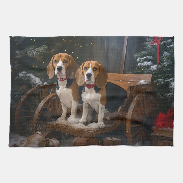 Linge De Cuisine Décor de Noël beagle Snowy Sleigh (Horizontal)