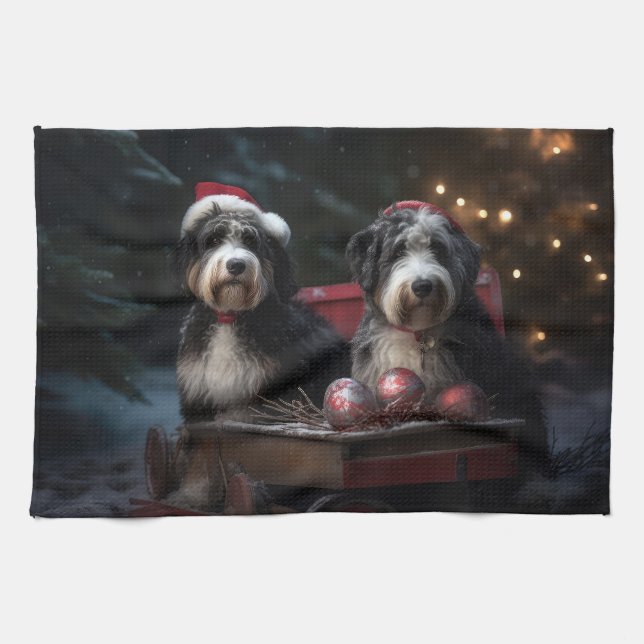 Linge De Cuisine Décor de Noël Bernedoodle Sleigh enneigé   (Horizontal)
