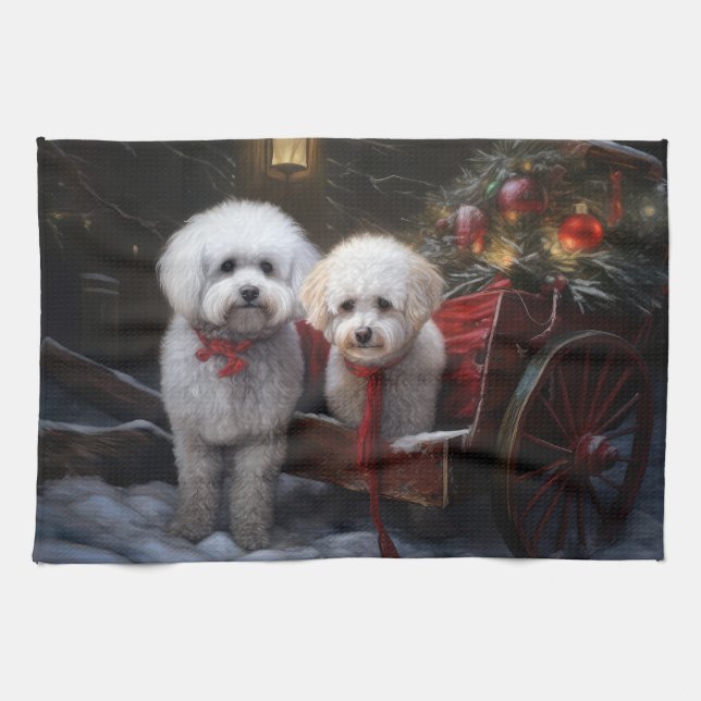 Linge De Cuisine Décor de Noël Bichon Frise Snowy Sleigh (Horizontal)