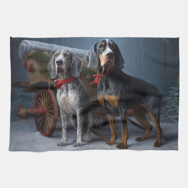 Linge De Cuisine Décor de Noël Bluetick Coonhound Snowy Sleigh (Horizontal)