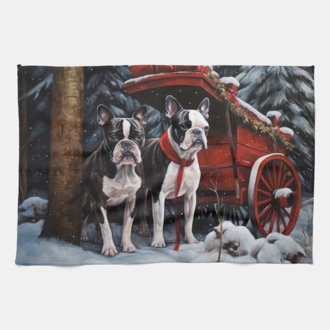 Linge De Cuisine Décor de Noël de Boston Terrier Snowy Sleigh (Horizontal)