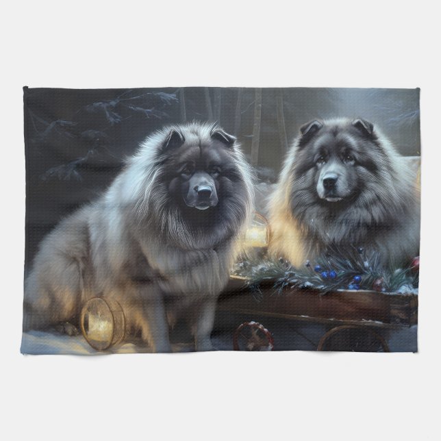 Linge De Cuisine Décor de Noël Keeshond Snowy Sleigh (Horizontal)