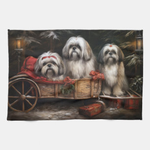 Linge De Cuisine Décor de Noël Lhasa Apso Snowy Sleigh