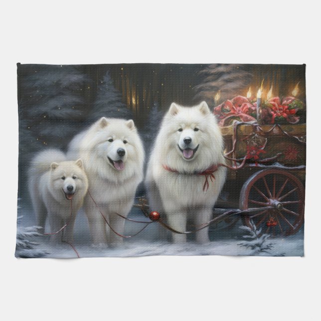 Linge De Cuisine Décor de Noël Samoyed Snowy Sleigh (Horizontal)
