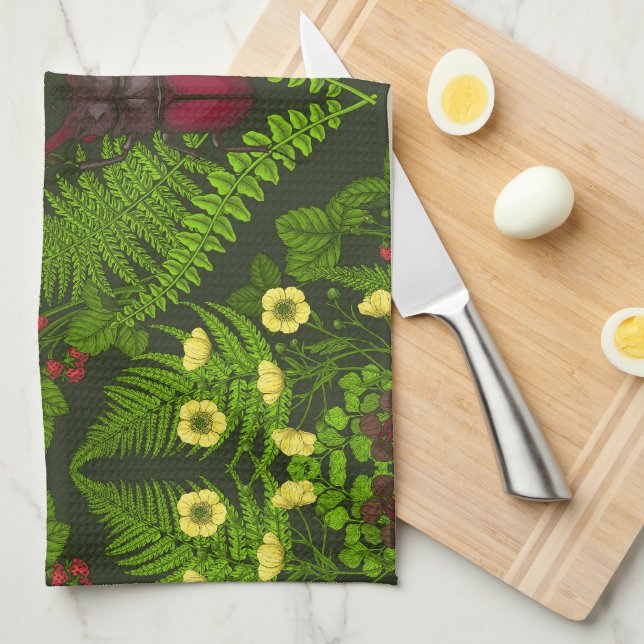 Linge De Cuisine Dendroctones et fougères, feuilles verts (Quart Plié)
