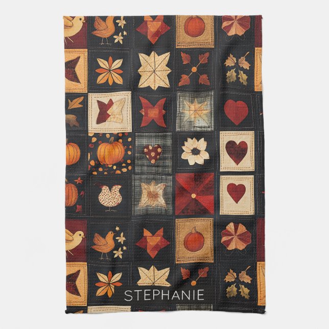 Linge De Cuisine Denim Folk Art Quilt Motif | Patch d'automne rusti (Vertical)