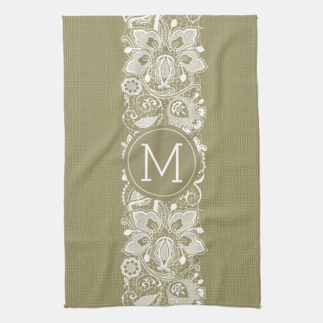 Linge De Cuisine Dentelle Faux Beige Lin & Blanc Floral (Vertical)