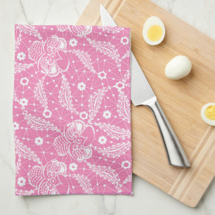 Linge De Cuisine Dentelle florale blanche sur fond rose