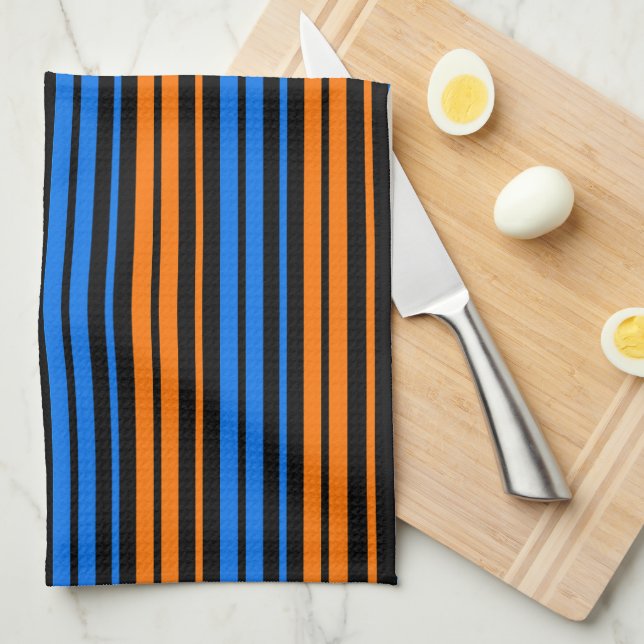 Linge De Cuisine Design à rayures verticales bleu orange bleu   (Quart Plié)